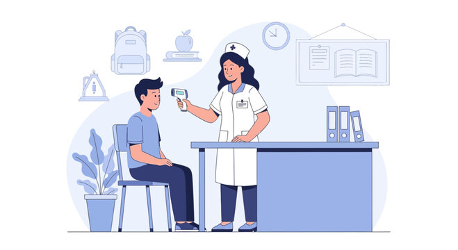 Nurse checks student's temperature with thermometer at school clinic, health check