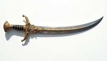 Naklejka premium Ornate gold and black decorated scimitar with curved blade and intricate metalwork on hilt. Historical weapon design on clean white background, studio shot.