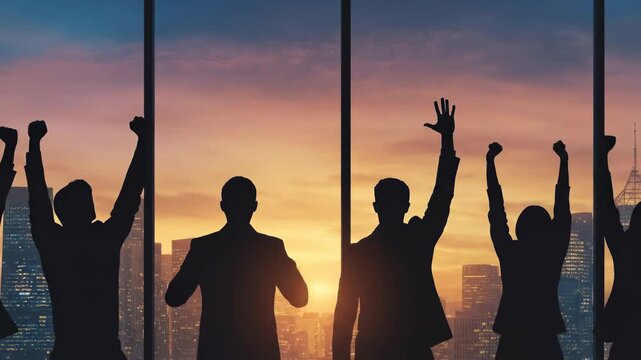 Diverse professional business team, celebrating project triumph, achieving success through collaboration, unified group, modern office, city skyline at sunset, inspiring future vision