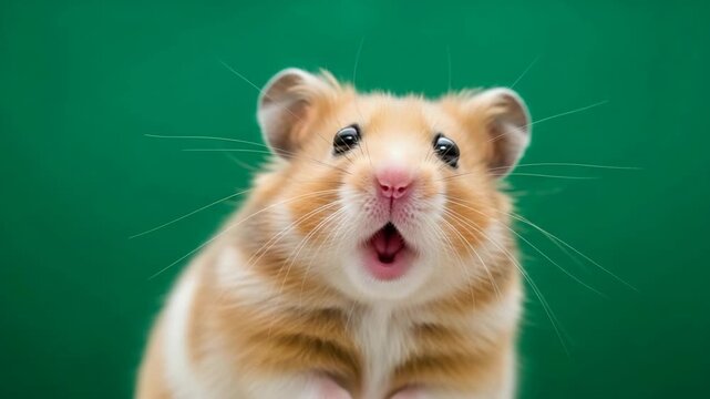 Adorable fluffy Syrian hamster with open mouth looking surprised against a solid green background in a studio shot