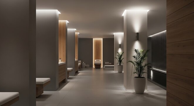 Modern Spa Corridor with Ambient Lighting and Plants.