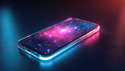 Fototapeta premium Futuristic glowing smartphone displays vibrant cosmic nebula on dark surface. Neon light illuminates device edge. Modern mobile tech concept.