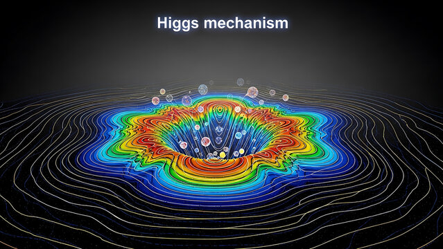 Higgs mechanism colorful illustration with rainbow contour lines and particles on dark background