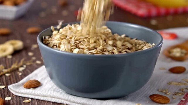 A blue bowl filled with oats on a white cloth surrounded by almonds and banana slices on a wooden table with a red and white checkered cloth in the background