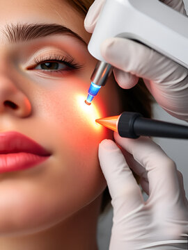 Electrocoagulation. Surgeon using a laser device for removing mole. Removal of birthmark from female face. Close up. Concept of laser cosmelotogy
