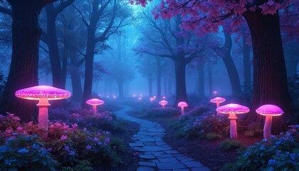 Naklejka premium Magical forest path with glowing neon mushrooms. Surreal blue purple pink woods at night. Fantasy mystical nature landscape with vibrant light.