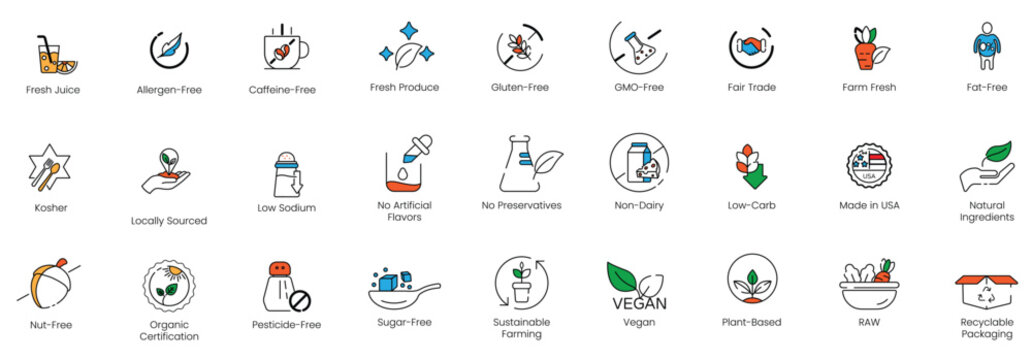 Extensive collection of 27 dietary requirement and eco-friendly packaging vector line icons, featuring vegan, gluten-free, organic certification, and allergen-free badges for healthy food labels.
