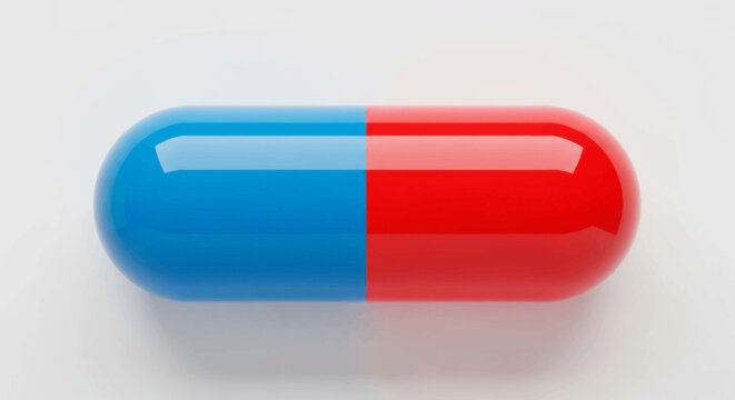 Vibrant blue and red capsule on a pristine white background symbolizing medication