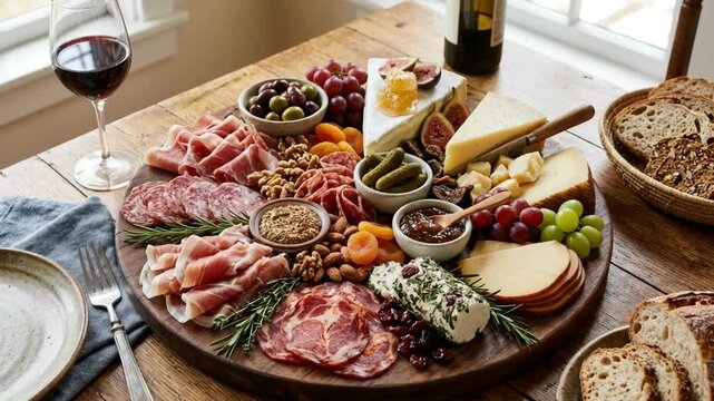 Gourmet appetizer platter with cured meats artisan cheeses fruits and red wine on a rustic wooden dining table