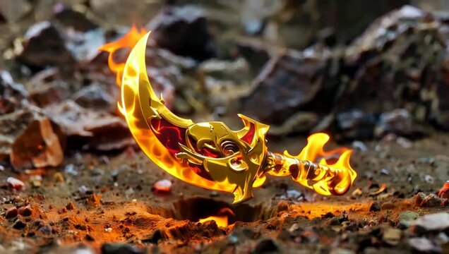 a small flaming sword that emerged from the beautiful ground. seamless looping time-lapse virtual 4k video Animation Background.	