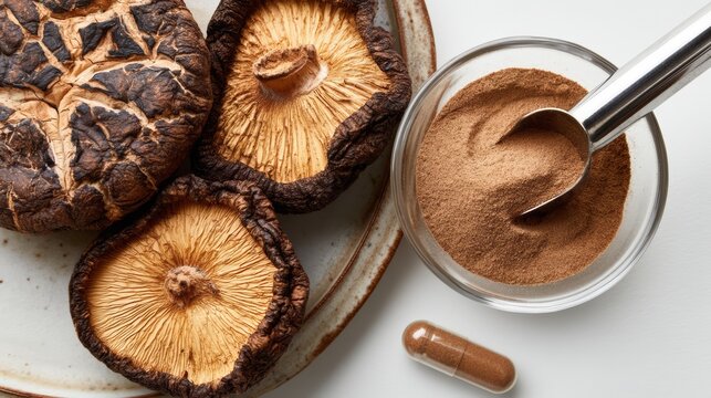 Shiitake mushrooms being dried and ground into powder for supplement capsule production.