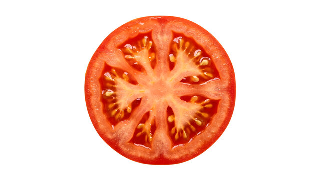 Fresh red tomato cut in half slice showing seeds isolated on transparent background