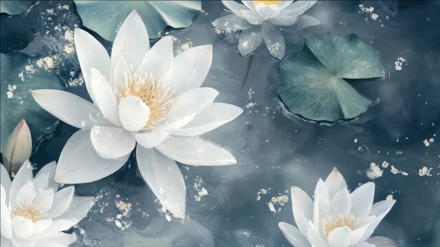 A serene and peaceful scene of lotus blossoms floating on a pond's surface, surrounded by lily pads. A tranquil and natural environment that symbolizes beauty in simplicity.