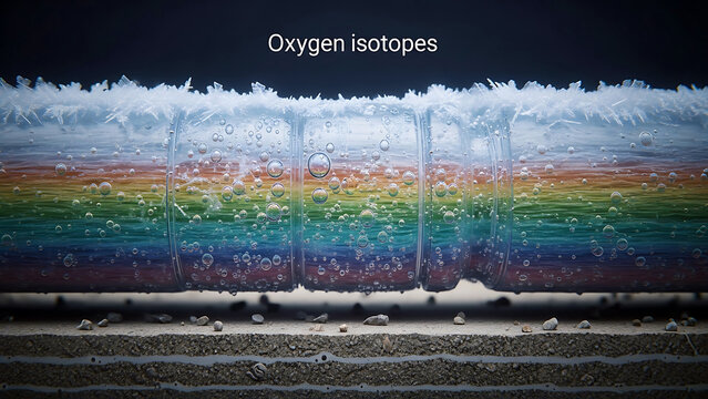 Ice core sample with colorful layers and bubbles on a concrete surface  Oxygen isotopes in a frozen layered ice block