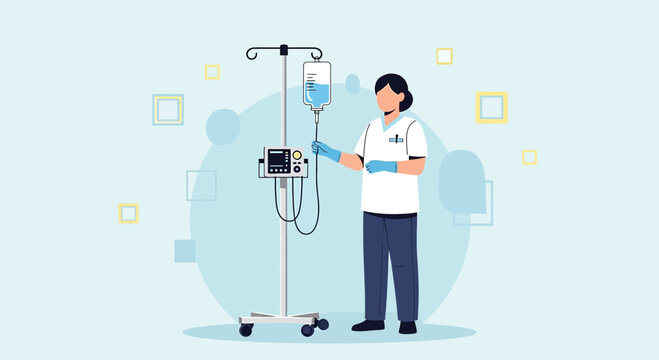 Nurse with IV drip and infusion pump, medical care, hospital equipment, healthcare concept