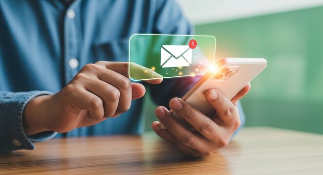 Person holding smartphone with email notification icon popping up on screen