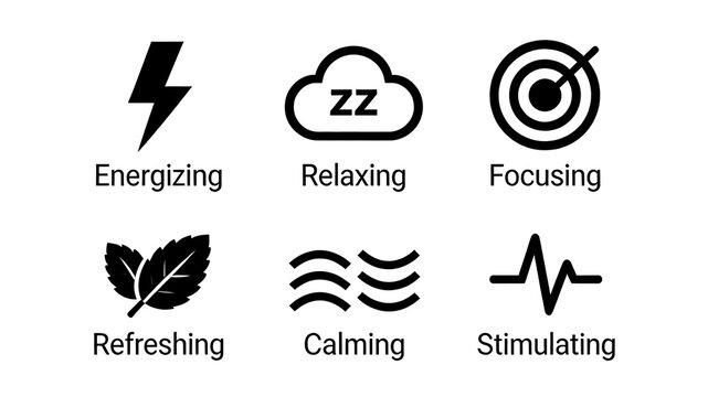 The efficacy icon of revitalizing, soothing, focusing, refreshing, calming, and invigorating is suitable for promoting aromatherapy personal care products in emotional healing scenarios.
