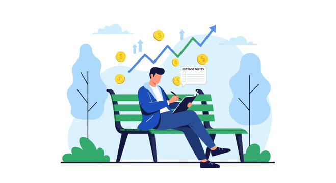 Businessman analyzing financial growth chart on park bench, investment concept