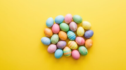 Obraz premium Colorful Easter Eggs Arranged on Bright Yellow Background