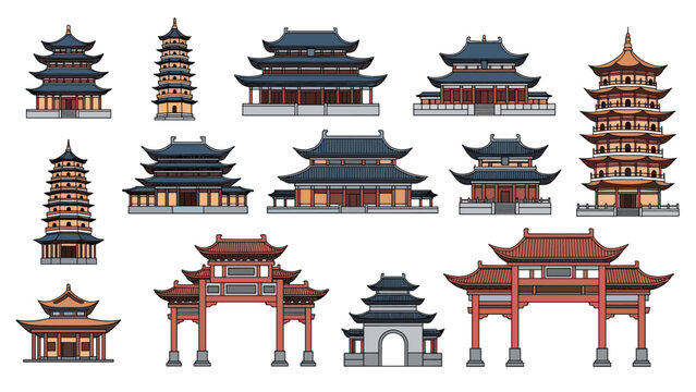 Set of traditional East Asian architectural structures includes various multi-story pagodas, temple buildings, and ornamental gates.