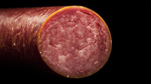 mettwurst. Cross-section of mettwurst sausage showing fine texture of meat and fat. menu design, packaging mockups, designed for food delivery and cloud-kitchen brand materials.