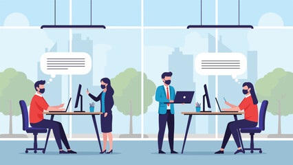 Fototapeta premium Professional employees wearing protective face masks work at their desks in a modern office following social distancing guidelines.