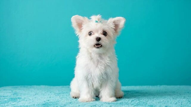 Small white fluffy puppy sitting on blue rug with surprised expression and tiny bow against turquoise background