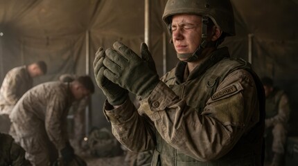 Fototapeta premium Soldier in Uniform with Eyes Closed in Contemplative Moment