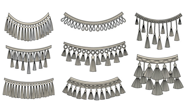 Elegant set of decorative fringe and tassel designs features intricate patterns and flowing textures suitable for textile embellishment.
