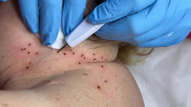 Preparing procedure for medical surgery. Laser skin tags removal. Skin Tags on Neck. Cancer papilloma on the skin wart close up. remove papillomas