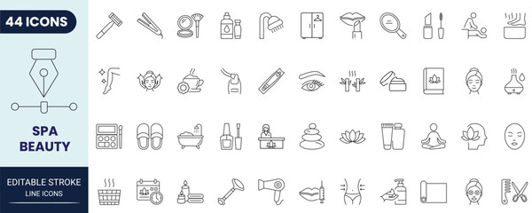 Naklejka premium Spa and beauty icon set in outline style. Collection of spa, beauty, skincare, wellness, relaxation, and salon. Editable stroke. Vector icon collection.