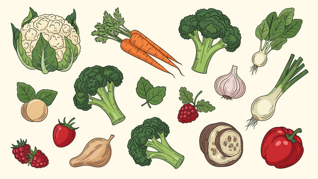 Collection of hand-drawn vegetable and fruit illustrations including broccoli, carrots, cauliflower, and colorful peppers.