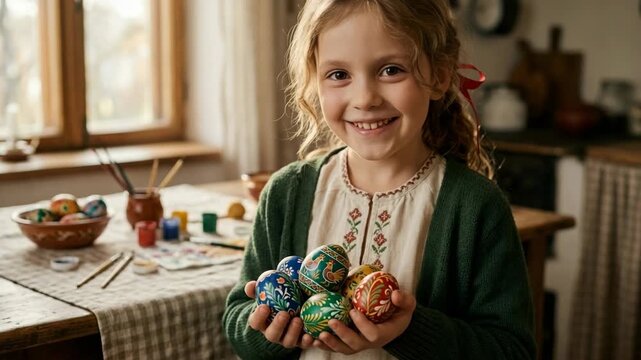 Little girl smiling and holding colorful hand painted Easter eggs in a warm rustic kitchen setting during spring