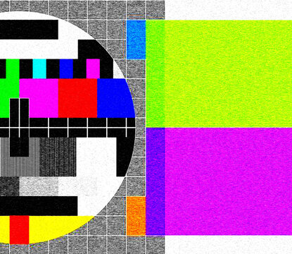 Technical difficulties on test pattern background,  tv broadcast error with static. Grain and noise glitch effect illustration.