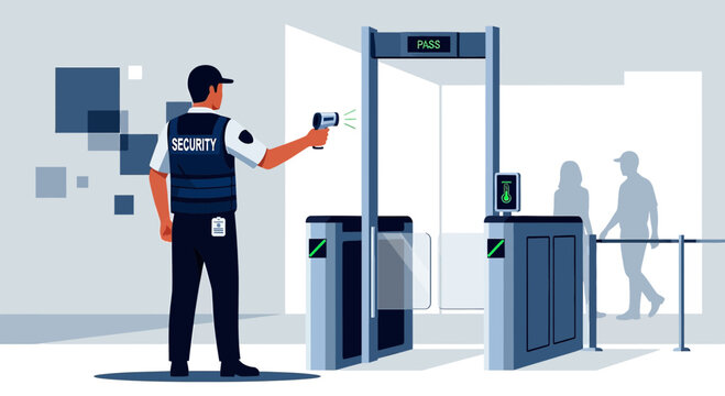 Security guard scanning person with thermal camera at airport gate, safety check