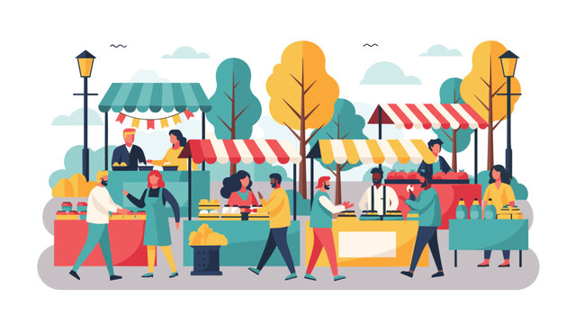 Vibrant street market scene with colorful striped stalls vendors and diverse customers shopping for fresh organic produce.