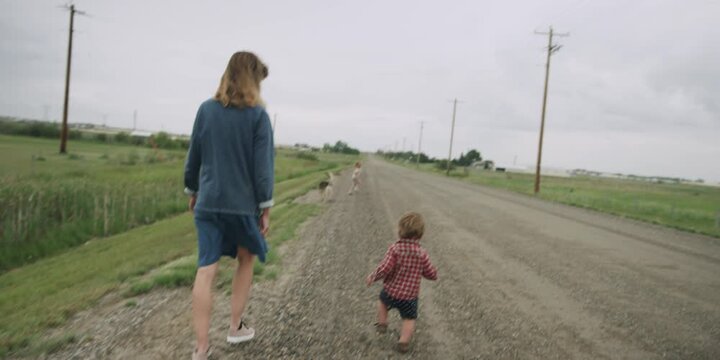 Mother and toddler walking down a rural road with their dog