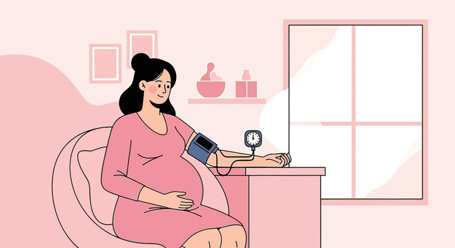 Pregnant Woman Measuring Blood Pressure at Home, Pregnancy Health Check