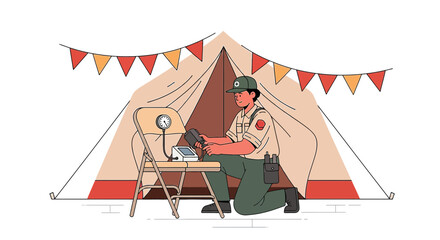 Fototapeta premium Scout Leader Inspects Equipment Near Tent with Festive Bunting