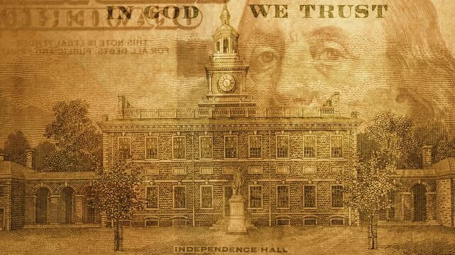 Independence Hall On A Hundred Dollars, A Beam Of Light Penetrates Through Showing Franklin's Portrait And Slowly Fades Away. Watermarks.