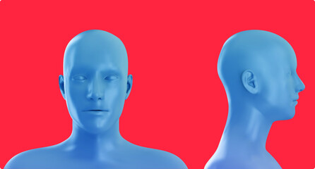 Vector 3D render of blue human head model showing front and side profile views isolated on vibrant red background. Conceptual illustration for anatomy, fashion art, futuristic technology.