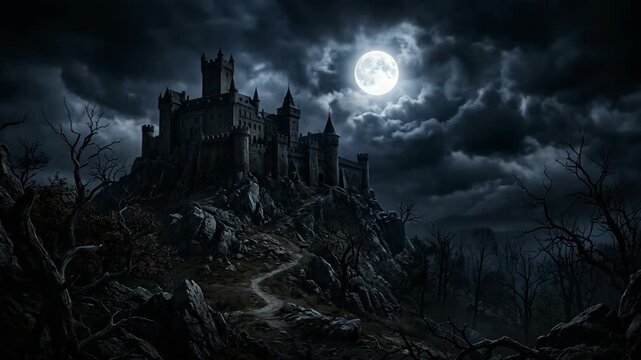 Spooky gothic stone castle perched on a rugged cliff under a bright full moon and dramatic night clouds