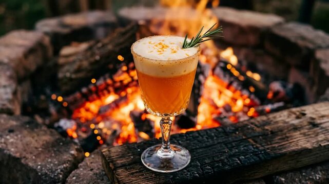 Orange beverage with foam and rosemary garnish placed on charred wood beside a blazing backyard stone fire pit
