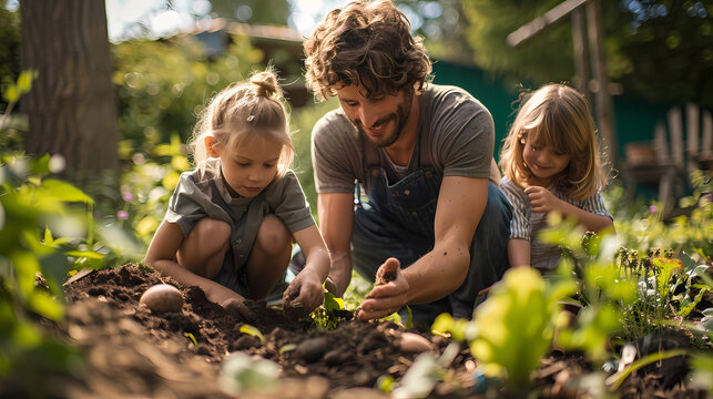 Family composting food scraps and garden organic waste in their backyard compost bin, turning kitchen waste into nutrient-rich compost for their garden.
