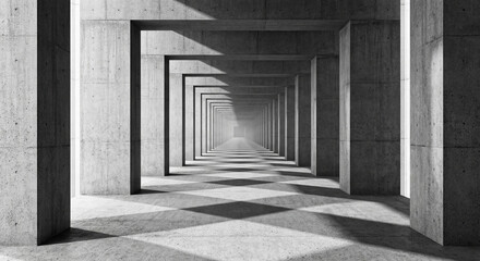 Minimal Concrete Corridor with Strong Perspective and Geometric Shadows, Modern Architecture Background