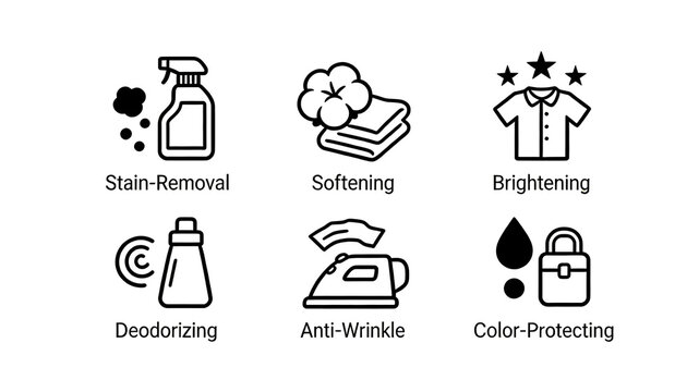 The cleaning and care function icon that removes dirt, softens, brightens, deodorizes, wrinkles, and protects colors represents the clean and protective clothing of laundry products
