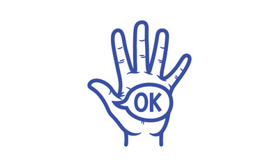 Obraz premium Blue Line Drawing of Hand Showing OK Gesture and OK Word Symbol on White Background with Body Language