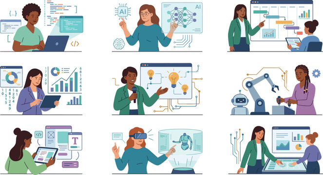 Women in Tech Working with AI, Data Analytics, Programming, Robotics, and Virtual Reality for Innovation and Digital Transformation