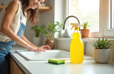 Obraz premium Woman smiles while cleaning kitchen sink with sponge and spray bottle. Green plants add freshness. Homekeeping for a tidy, bright living space.