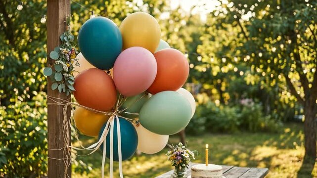 Group of vibrant matte balloons attached to a wooden post at a festive backyard garden party during sunset